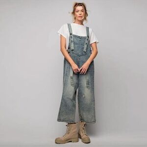 Easel Slouchy Relaxed Distressed Washed Denim Wide-Leg Overalls Size Large